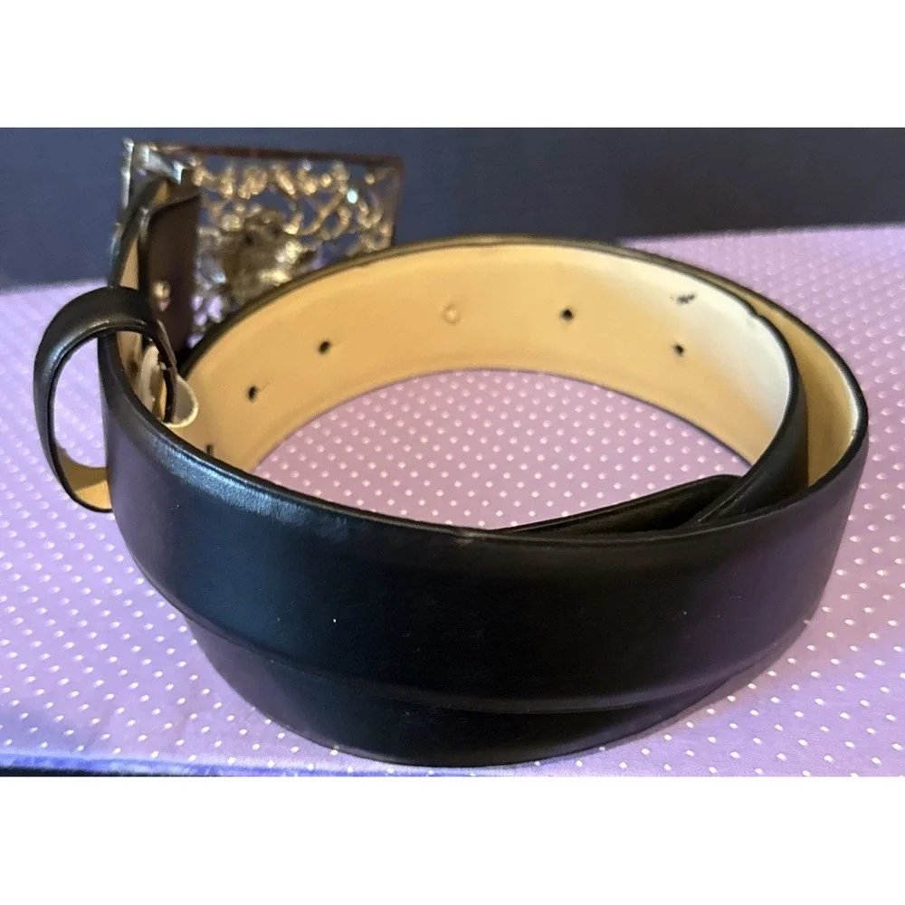 Black Italian Leather Rhinestone Enamel Floral Buckle‎ 110 CM US Large Preppy